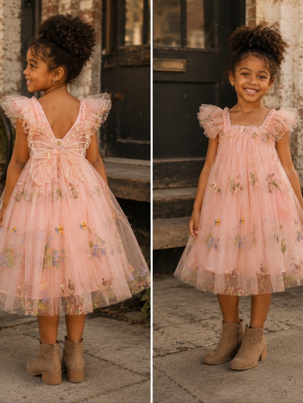Pink Butterfly Fairy Embroidered Tulle Princess Birthday Party Dress 5-6